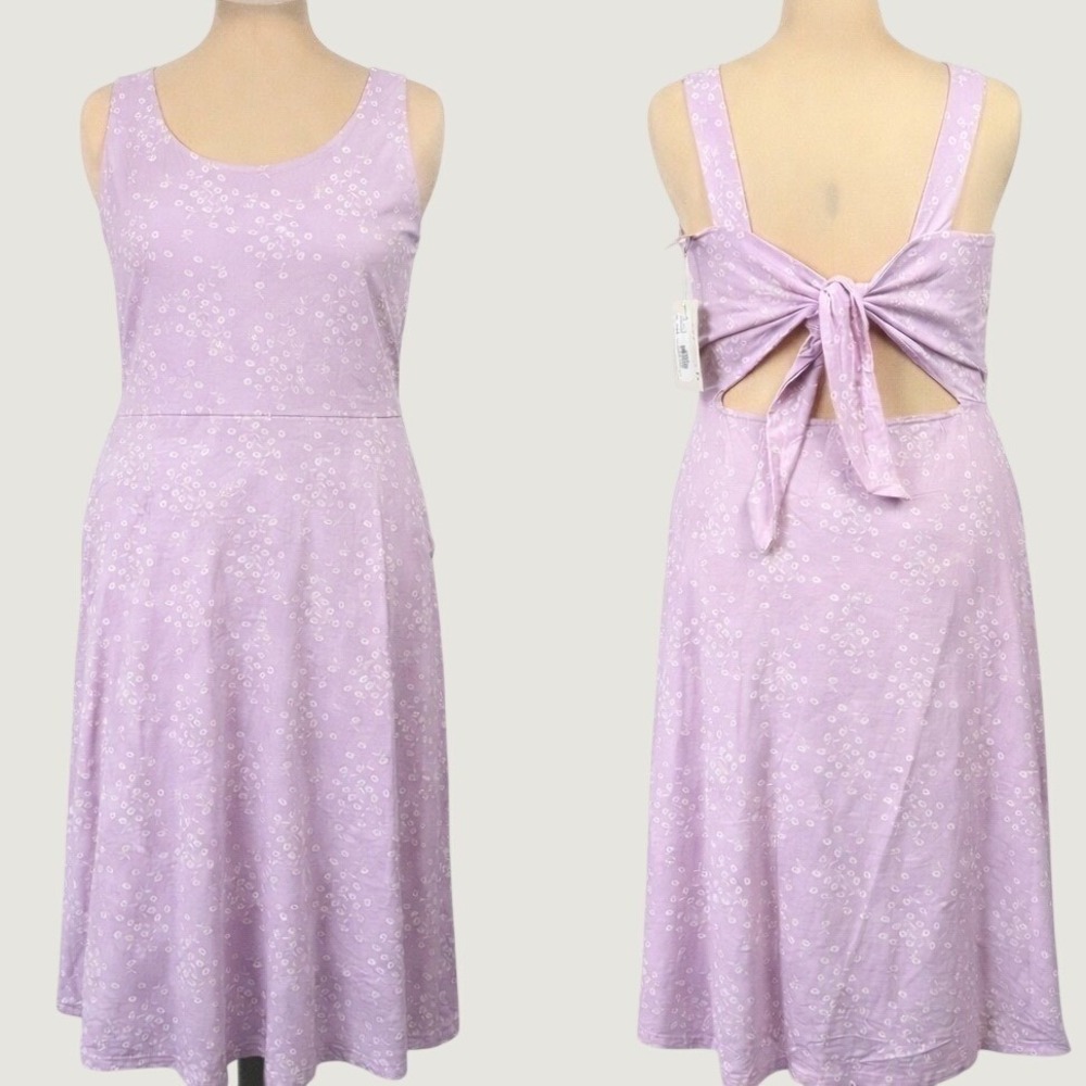 Pact Fit and Flare Midi Dress Womens XL Lavender Floral Tie Back Organic Cotton